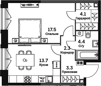 Планировка — Era, 1-комн., 45 м²