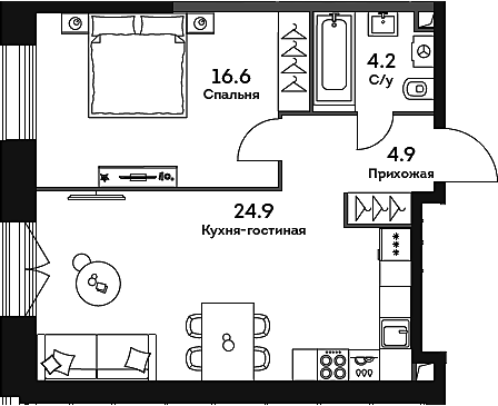Планировка — Era, 2-комн., 51 м²