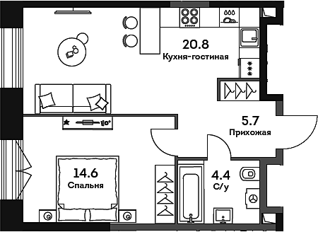 Планировка — Era, 2-комн., 46 м²