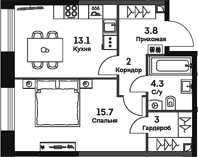 Планировка — Era, 1-комн., 42 м²