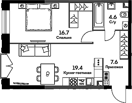Планировка — Era, 2-комн., 48 м²