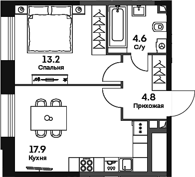 Планировка — Era, 2-комн., 41 м²