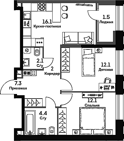 Планировка — Era, 3-комн., 56 м²