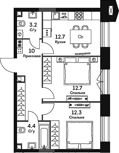 Планировка — Era, 2-комн., 55 м²