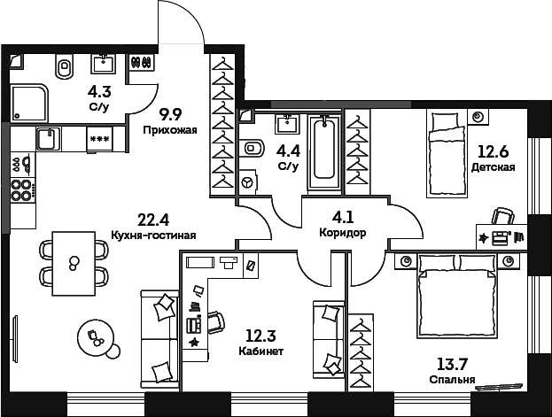 Планировка — Era, 4-комн., 84 м²