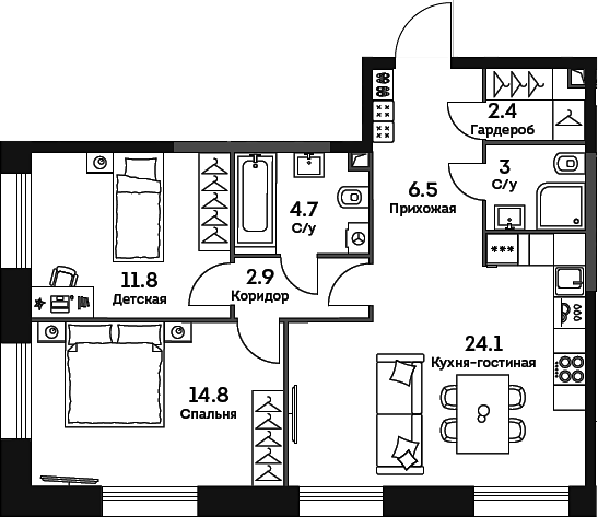 Планировка — Era, 3-комн., 70 м²