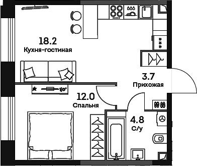 Планировка — Era, 2-комн., 39 м²