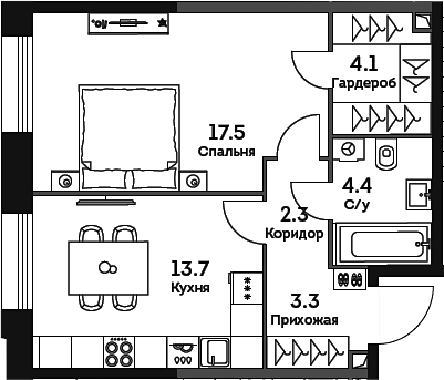 Планировка — Era, 1-комн., 45 м²