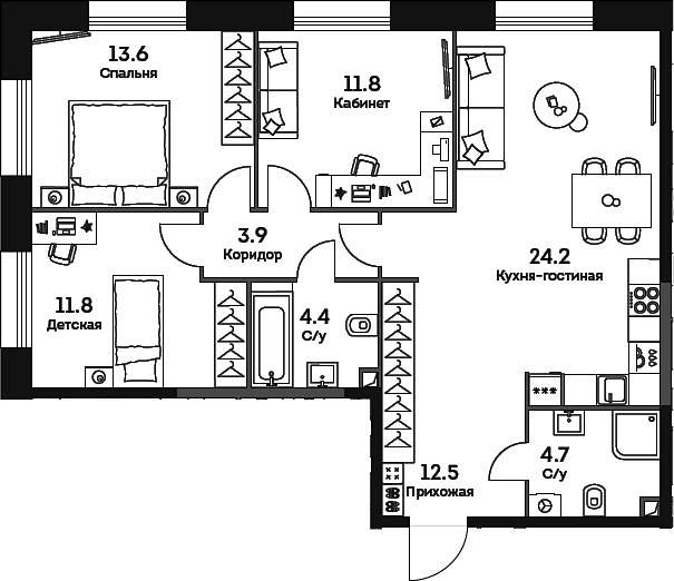Планировка — Era, 4-комн., 87 м²