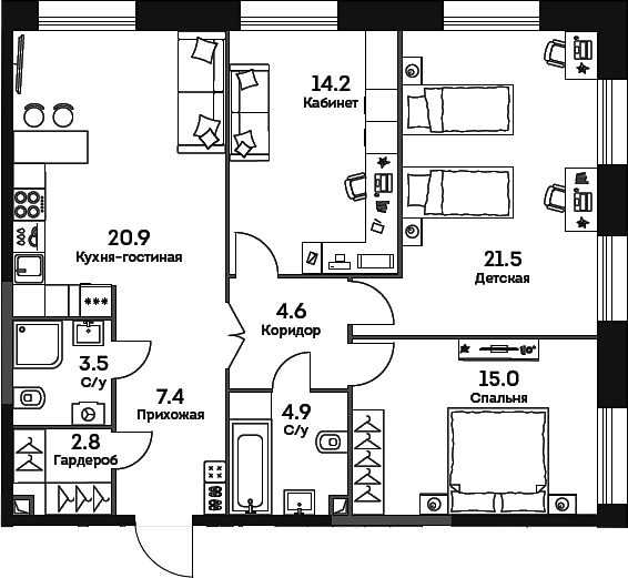 Планировка — Era, 4-комн., 95 м²