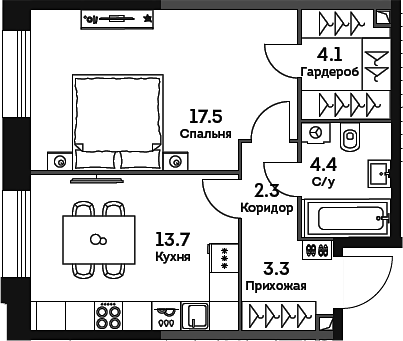 Планировка — Era, 1-комн., 45 м²