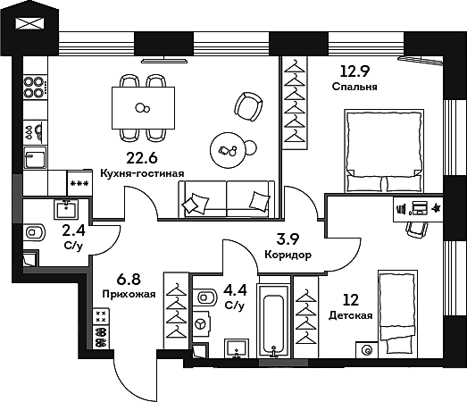 Планировка — Era, 3-комн., 65 м²