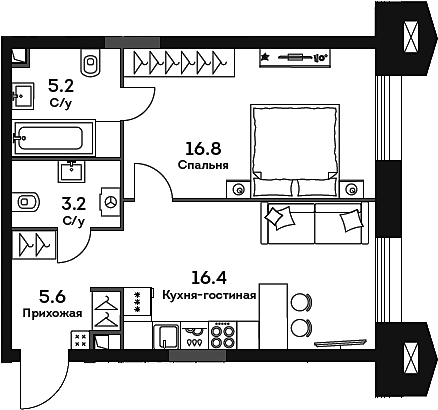 Планировка — Era, 2-комн., 47 м²