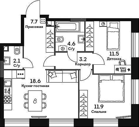 Планировка — Era, 3-комн., 60 м²