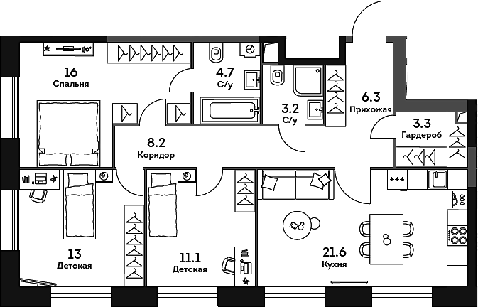 Планировка — Era, 3-комн., 87 м²