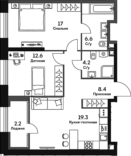 Планировка — Era, 3-комн., 68 м²