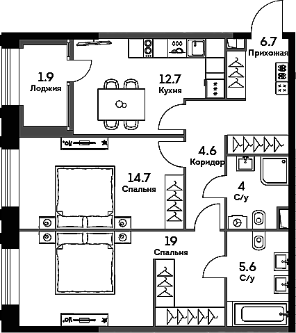 Планировка — Era, 2-комн., 67 м²