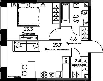 Планировка — Era, 2-комн., 40 м²