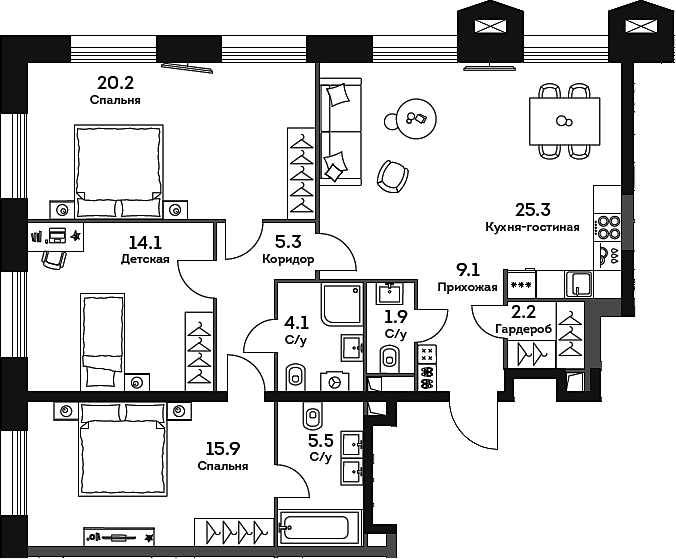 Планировка — Era, 4-комн., 104 м²