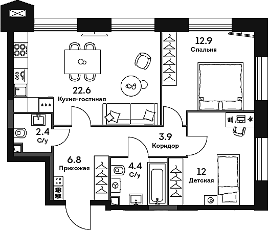 Планировка — Era, 3-комн., 65 м²