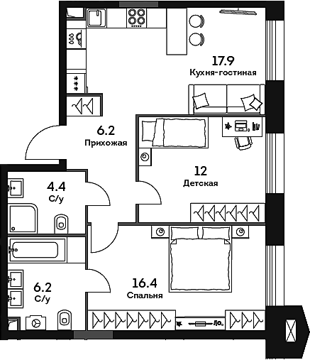 Планировка — Era, 3-комн., 63 м²