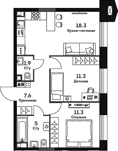 Планировка — Era, 3-комн., 55 м²