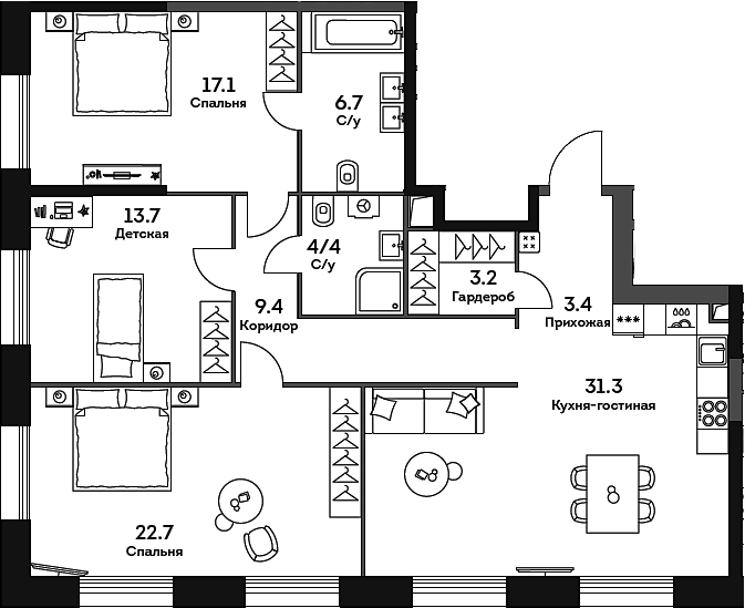 Планировка — Era, 4-комн., 112 м²
