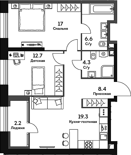 Планировка — Era, 3-комн., 68 м²