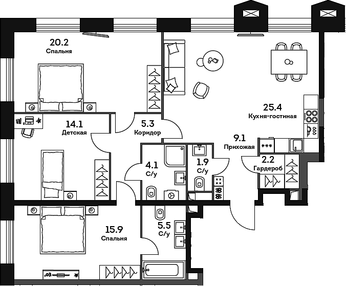 Планировка — Era, 4-комн., 104 м²