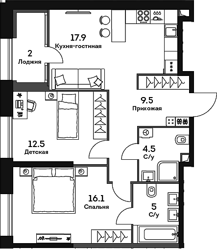 Планировка — Era, 3-комн., 66 м²