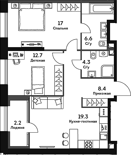 Планировка — Era, 3-комн., 68 м²