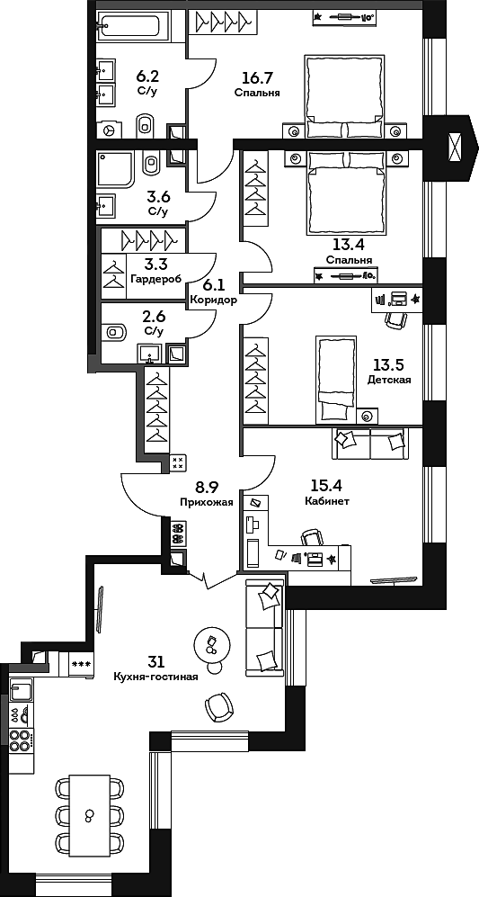 Планировка — Era, 5-комн., 121 м²