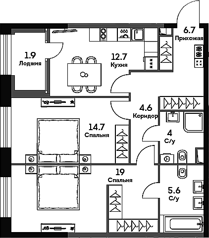 Планировка — Era, 2-комн., 67 м²
