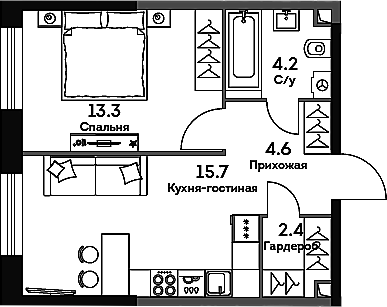 Планировка — Era, 2-комн., 40 м²