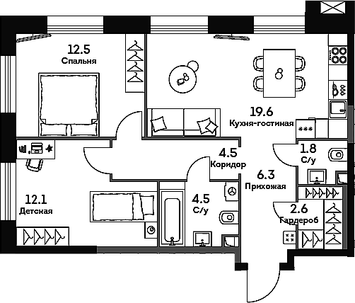 Планировка — Era, 3-комн., 64 м²