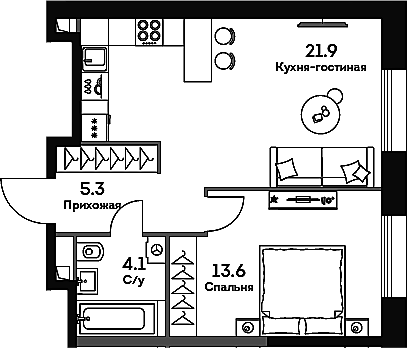 Планировка — Era, 2-комн., 45 м²