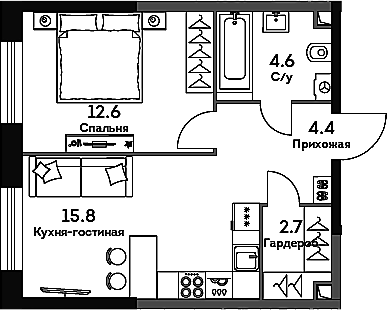 Планировка — Era, 2-комн., 40 м²