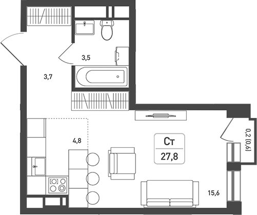 Планировка — Новая Щербинка, Студия, 28 м²