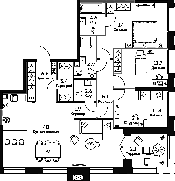 Планировка — Era, 4-комн., 108 м²