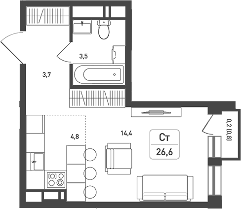 Планировка — Новая Щербинка, Студия, 26 м²
