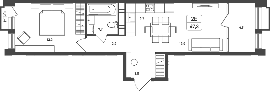 Планировка — Новая Щербинка, 2-комн., 44 м²