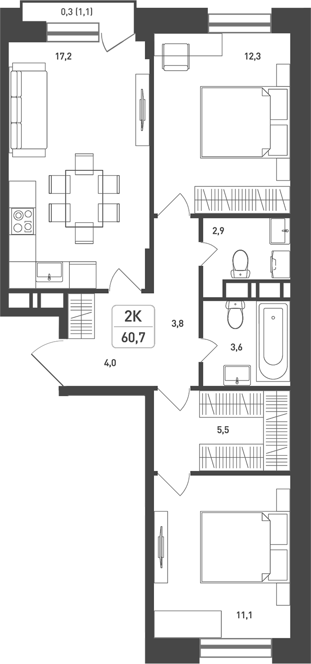 Планировка — Новая Щербинка, 2-комн., 62 м²