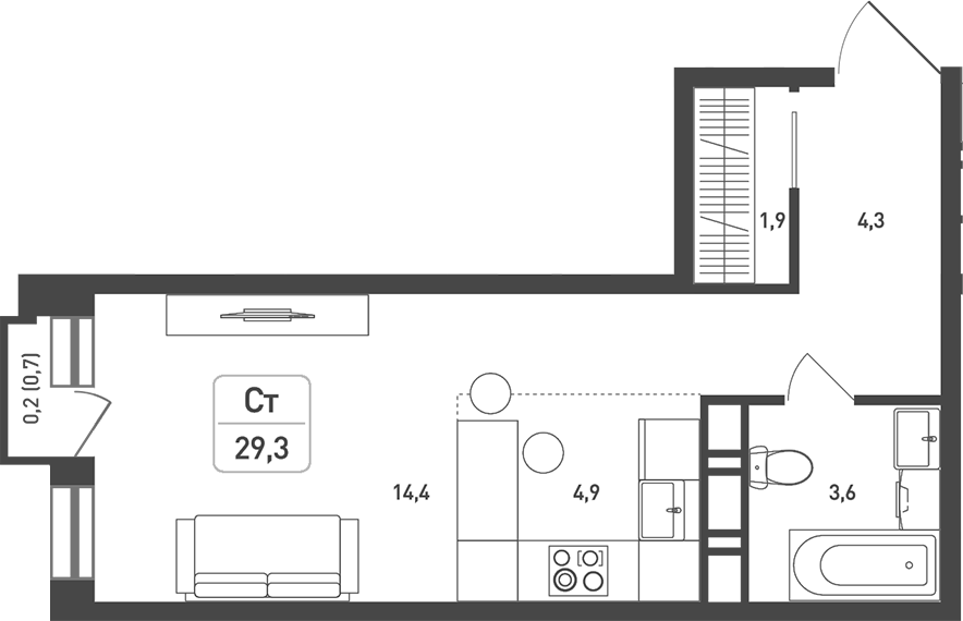 Планировка — Новая Щербинка, Студия, 29 м²