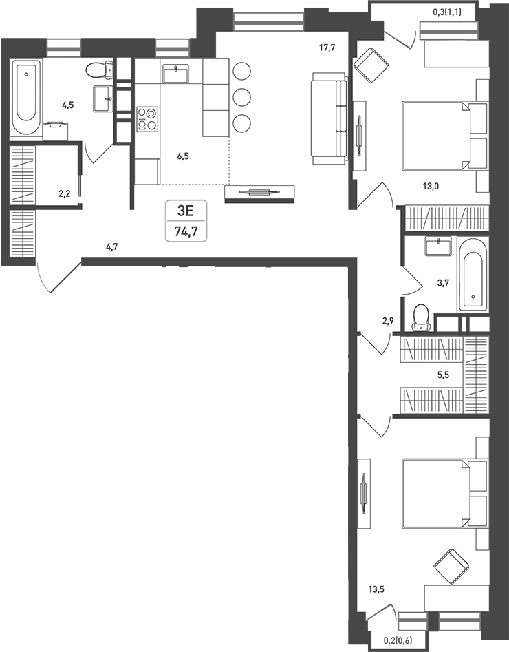 Планировка — Новая Щербинка, 3-комн., 77 м²