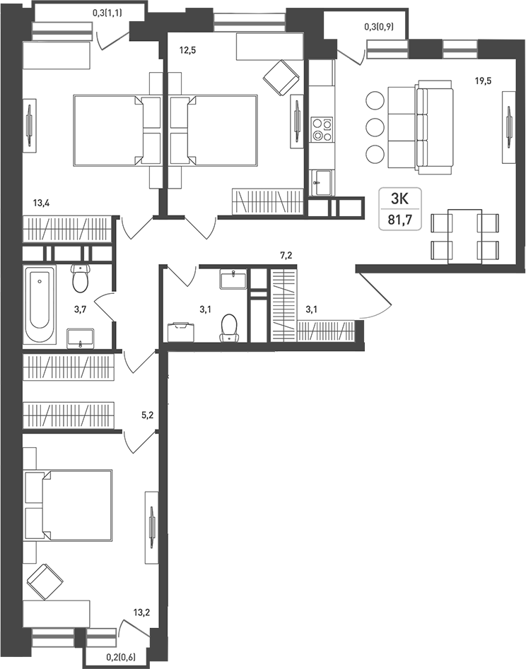 Планировка — Новая Щербинка, 3-комн., 84 м²