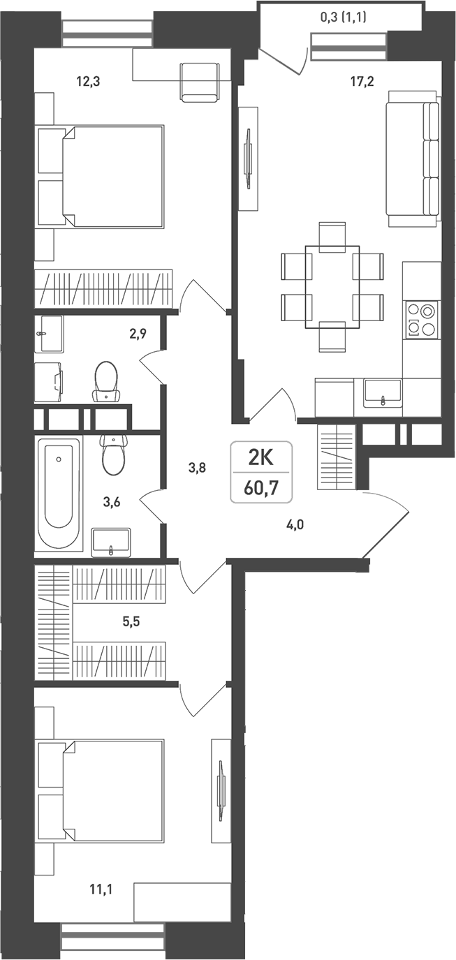 Планировка — Новая Щербинка, 2-комн., 63 м²