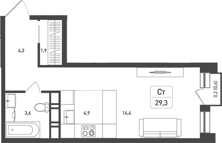 Планировка — Новая Щербинка, Студия, 30 м²