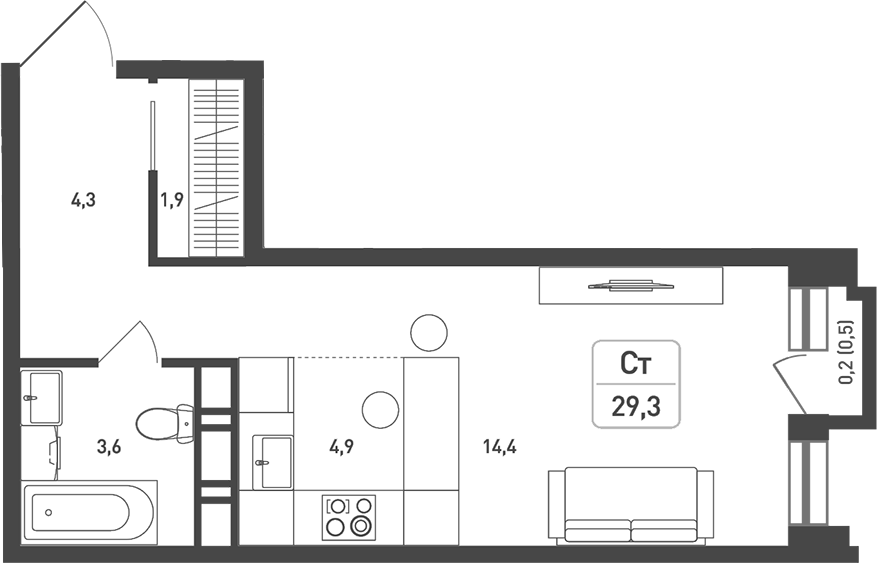 Планировка — Новая Щербинка, Студия, 30 м²