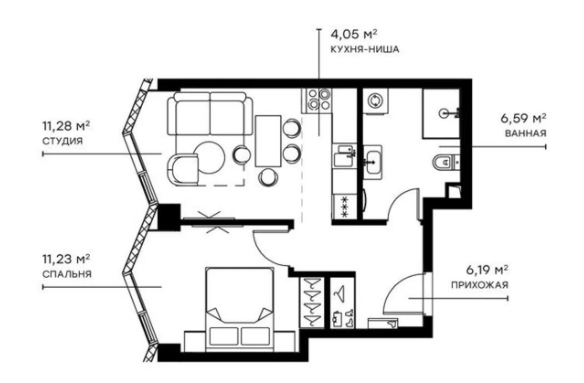 Планировка — Симфония 34, 2-комн., 39 м²