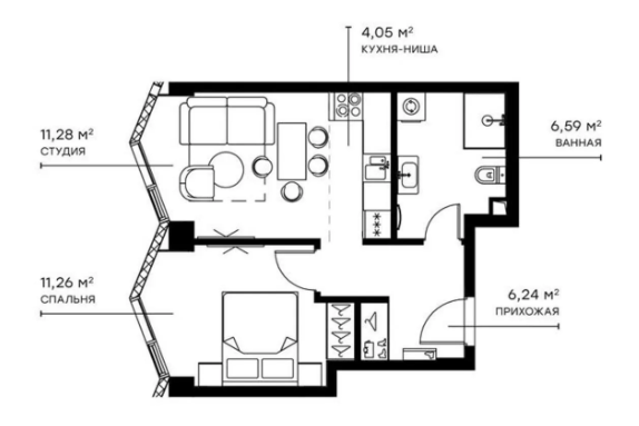 Планировка — Симфония 34, 2-комн., 39 м²